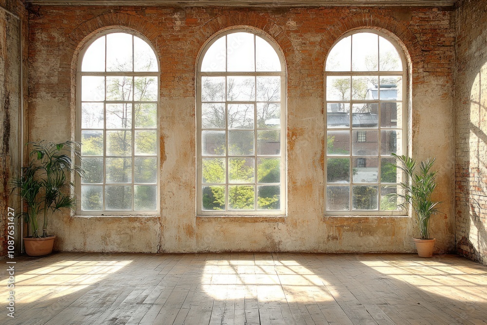 Poster sunlight streams through tall windows, illuminating a rustic studio with greenery