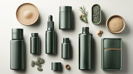 Obraz premium Assorted green cosmetic containers and natural ingredients arranged on a light surface, including bottles, jars, grains, and foliage for skincare or beauty products.