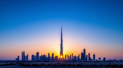 Obraz premium Stunning sunrise over a city skyline with skyscrapers and a tall tower
