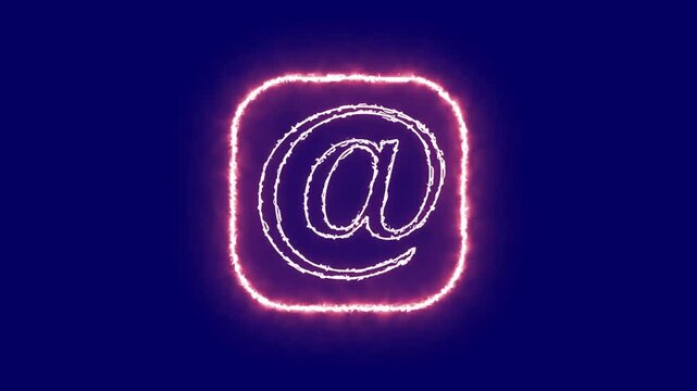 Neon glowing color email sign icon animation on a blue background.