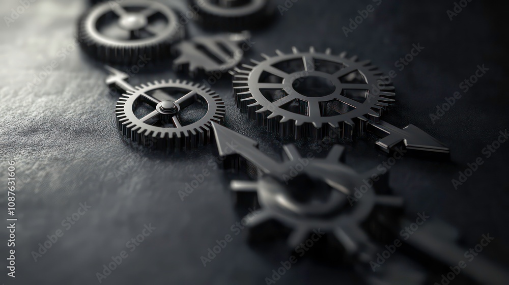 Poster close-up of metallic gears and arrows on a dark surface, representing workflow, teamwork, and interc