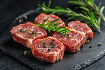 Juicy cuts of meat garnished with rosemary and black pepper sit on a dark slate surface