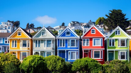 Colorful houses in a vibrant neighborhood under a clear blue sky