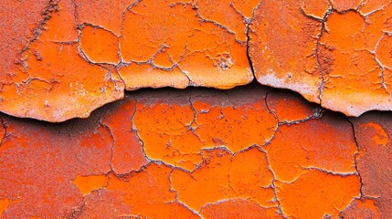 Close-up view of cracked orange paint on a textured surface