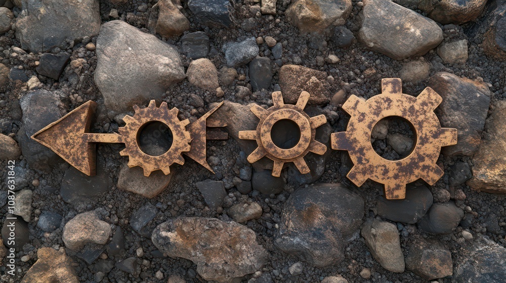 Poster rusty gears and arrow on gravel symbolizing a process or change.