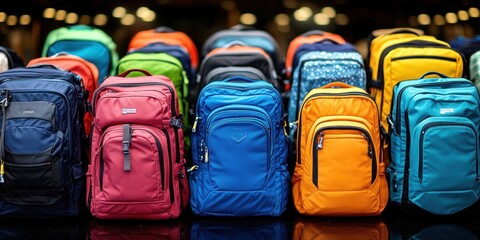 Fototapeta premium Vibrant assortment of backpacks arranged neatly, showcasing various colors, intended for use by alpine adventurers