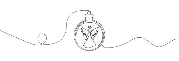 Christmas ball one line icon. Simple one continuous line drawing of christmas bauble with a holy  angel inside isolated on white background.Holiday christmas decoration.