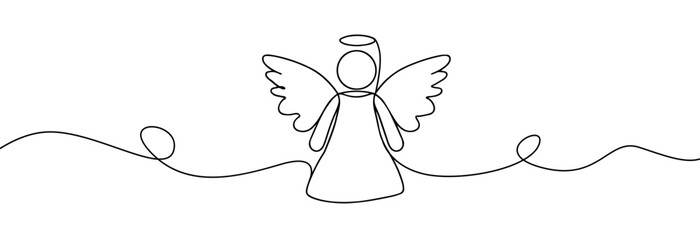  Simple one continuous line drawing of christmas angel. Christmas angel line art .Christmas and religion symbols isolated on white. Angel trumpets  silhouette