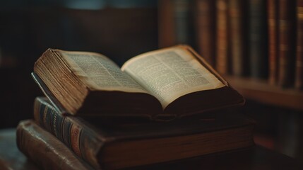 Antique Books Stacked Open Pages Aged Leather Library Wisdom