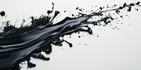 Black oil spill creates a striking splatter stain against a white background, highlighting the contrast of the black oil spill with the clean surface in a captivating visual display.
