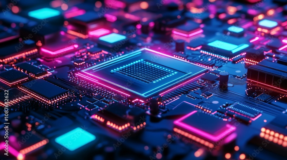 Poster close-up of a glowing central processing unit (cpu) on a circuit board, showcasing intricate technol