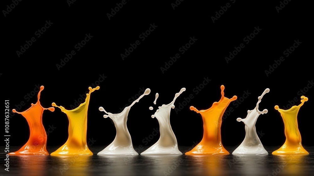 Poster colorful liquid splashes creating artistic patterns against a dark background