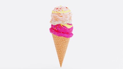 Delicious Ice Cream Render in Bowl with Chocolate Drizzle - Realistic 3D Food Art.  intricate textures, glossy chocolate, and creamy scoops perfect for advertisements, packaging, menus, and food.