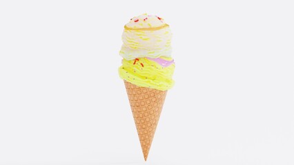 Delicious Ice Cream Render in Bowl with Chocolate Drizzle - Realistic 3D Food Art.  intricate textures, glossy chocolate, and creamy scoops perfect for advertisements, packaging, menus, and food.