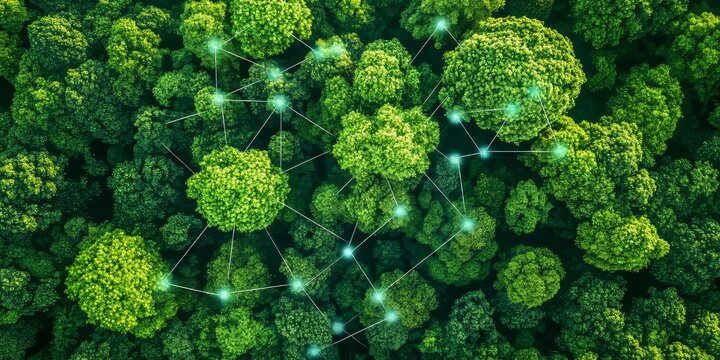 Aerial view of a green forest, highlighting the concept of green tech and its role in ecology and environmental technology. Discover how green transformation connects with GX and SDGs.