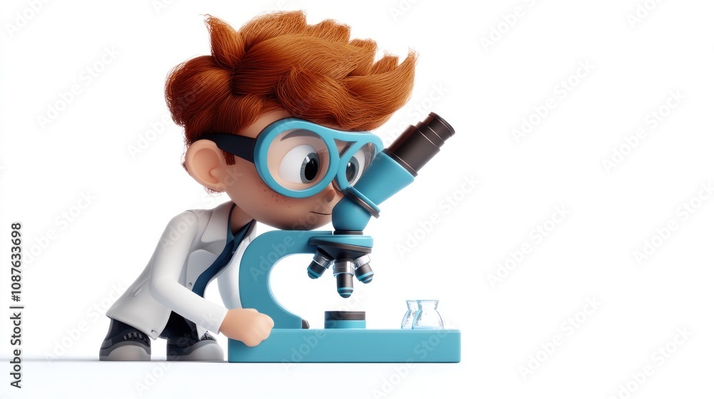 Poster a young scientist examines samples with a microscope, embodying curiosity and exploration.
