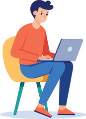 a boy is using his laptop vector