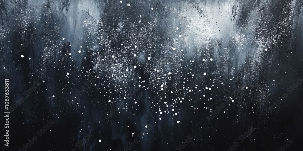Poster abstract splashes of rain intermingle with white particles against a dark backdrop, creating a capti