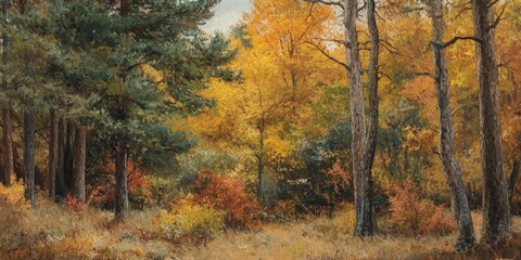 Fototapeta premium Vibrantly colored forest in autumn showcases a stunning array of green, yellow, and brown foliage. This autumn scene features mixed trees that create a picturesque woodland atmosphere.