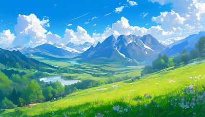 Obraz premium Beautiful alpine valley in spring with blooming flowers and fresh green grass under a clear blue sky.