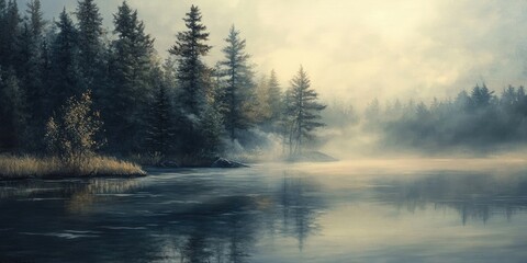 Fototapeta premium Early morning scene captures the tranquility before the fog lifts from the water s surface, showcasing the serene beauty of the early morning and the calming effect of fog on the water.