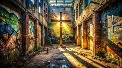 Fototapeta premium Urban Exploration Photography Depicting the Journey of the Cross of Christ Through Abandoned Cityscapes and Historic Urban Environments for Spiritual Reflection and Contemplation