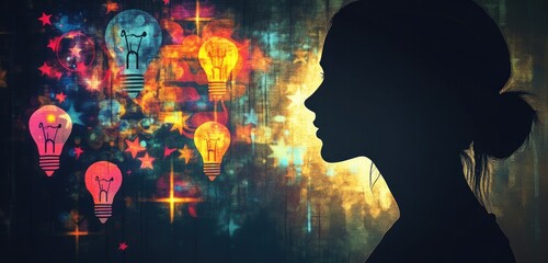 A shadowed profile illuminated by vibrant symbols of inspiration, such as light bulbs and stars, representing the dawn of creative ideas.