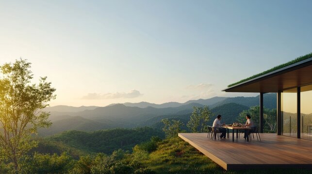a couple enjoying a meal on a wooden deck made from reclaimed wood, overlooking a scenic view of mountains and trees. The table is set with organic, locally sourced food, and the setting is designed.