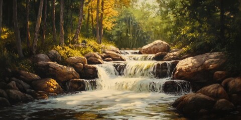 Flowing creek over the rocks creates a serene natural scene, showcasing the beauty of a creek as it moves smoothly, enhancing the landscape with its gentle flowing waters over the rocks.