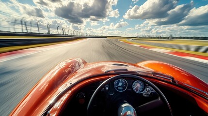 Obraz premium A driver's perspective as they approach the start/finish line to complete a lap on a challenging race track.