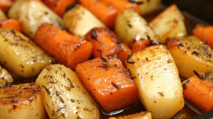 Maple-glazed roasted vegetables, including carrots and parsnips, caramelized in the oven