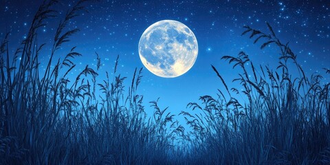 Fototapeta premium Stunning full moon illuminating the night sky with beautiful silhouettes of grass, creating a serene and magical nighttime atmosphere enhanced by the full moon s glow.