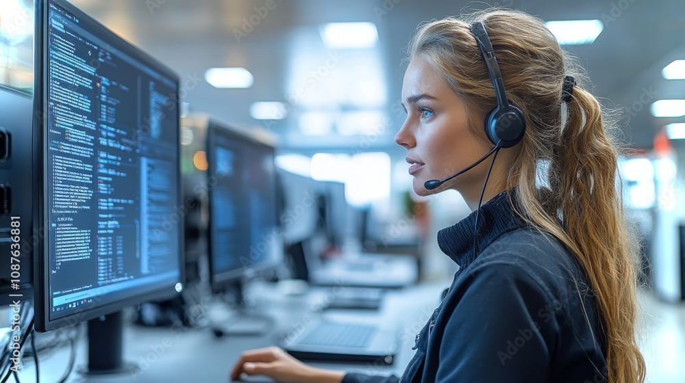 Poster woman monitoring server log data in a tech workspace during working hours