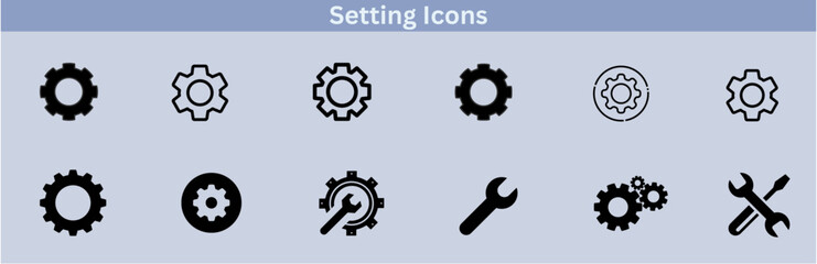 Settings glyph solid icons collection. Containing configuration, maintenance, service, tools, wrench, gear. For website marketing design, logo, app, template, ui, etc. Vector illustration.