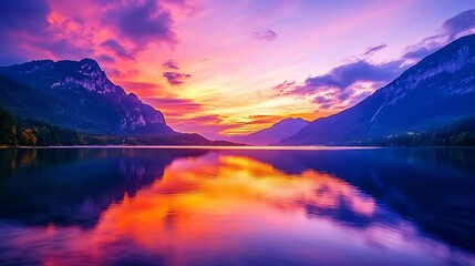 Beautiful colorful sunset over Lake Altaussee, a famous alpine resort in Austria.