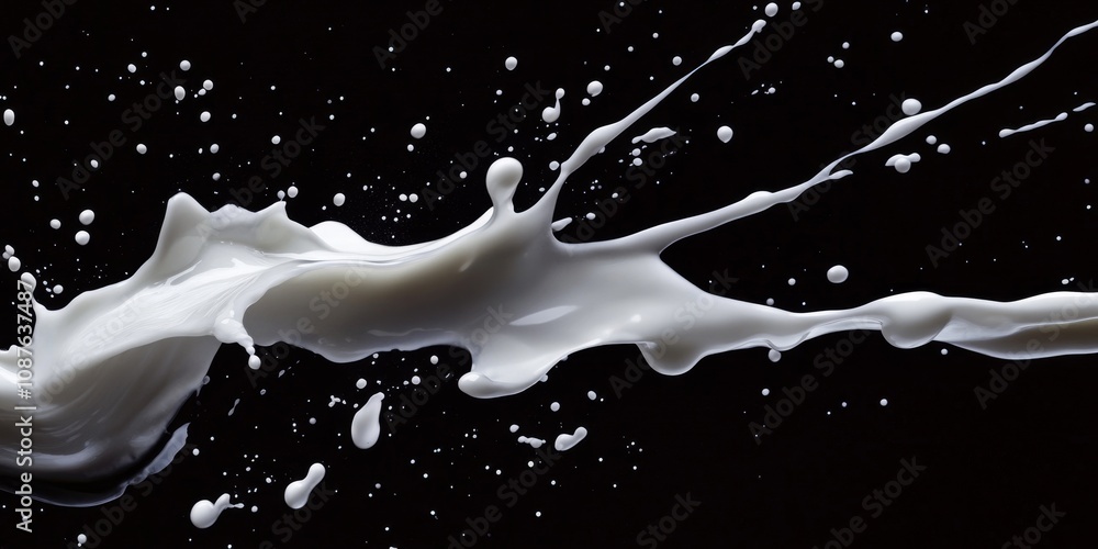 Poster abstract splashes of milk create captivating shapes and patterns against a black background, showcas