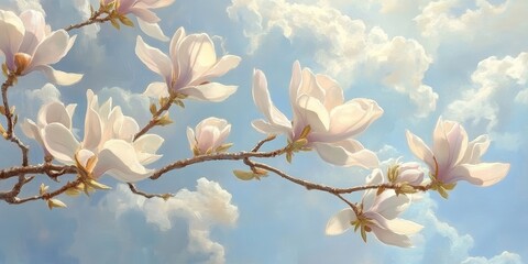 Magnolia flowers beautifully bloom against the sky, showcasing the delicate petals and vibrant colors of magnolia flowers, creating a stunning visual against a serene backdrop of the sky.