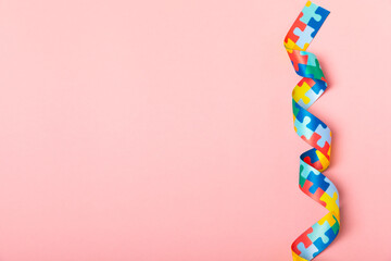 Autism ribbon. Autism awareness day. World autism awareness day with puzzle pattern ribbon on...
