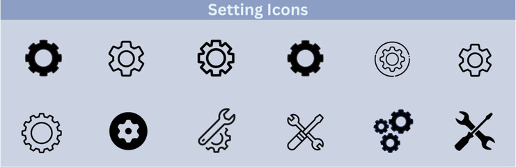 Settings glyph solid icons collection. Containing configuration, maintenance, service, tools, wrench, gear. For website marketing design, logo, app, template, ui, etc. Vector illustration.