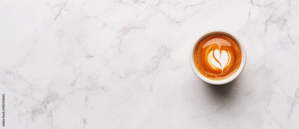Poster a close-up of a latte with heart art on a marble surface.