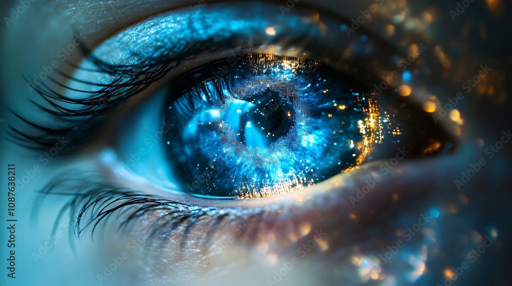 Poster a close-up of an eye reflecting a vibrant cosmic scene, blending elements of space with an ethereal 
