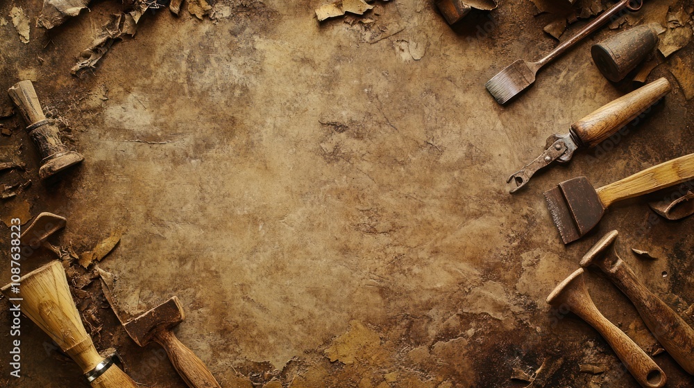 Poster A rustic workspace with various woodworking tools arranged around a textured surface.