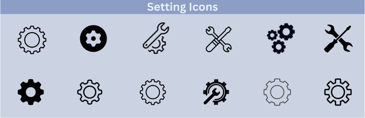 Settings glyph solid icons collection. Containing configuration, maintenance, service, tools, wrench, gear. For website marketing design, logo, app, template, ui, etc. Vector illustration.