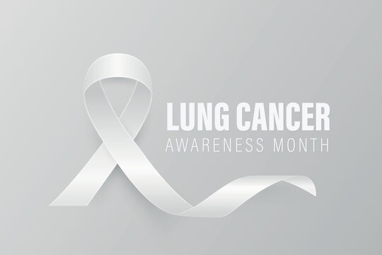 Vector Realistic Lung Cancer Awareness Banner With White Ribbon. Realistic White Ribbon on Gray Background. Lung Cancer Support Symbol. Medical Banner, Health Campaign. White Ribbon Loop Illustration