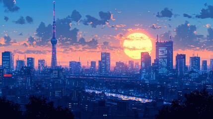 Obraz premium A vibrant cityscape at sunset, featuring a skyline with skyscrapers, a prominent tower, and a colorful sky filled with clouds.