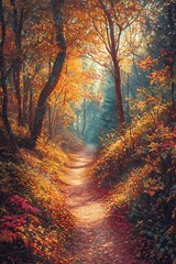 Enchanting woodland hiking trail in an autumn forest, bathed in warm sunlight. A popular travel destination.