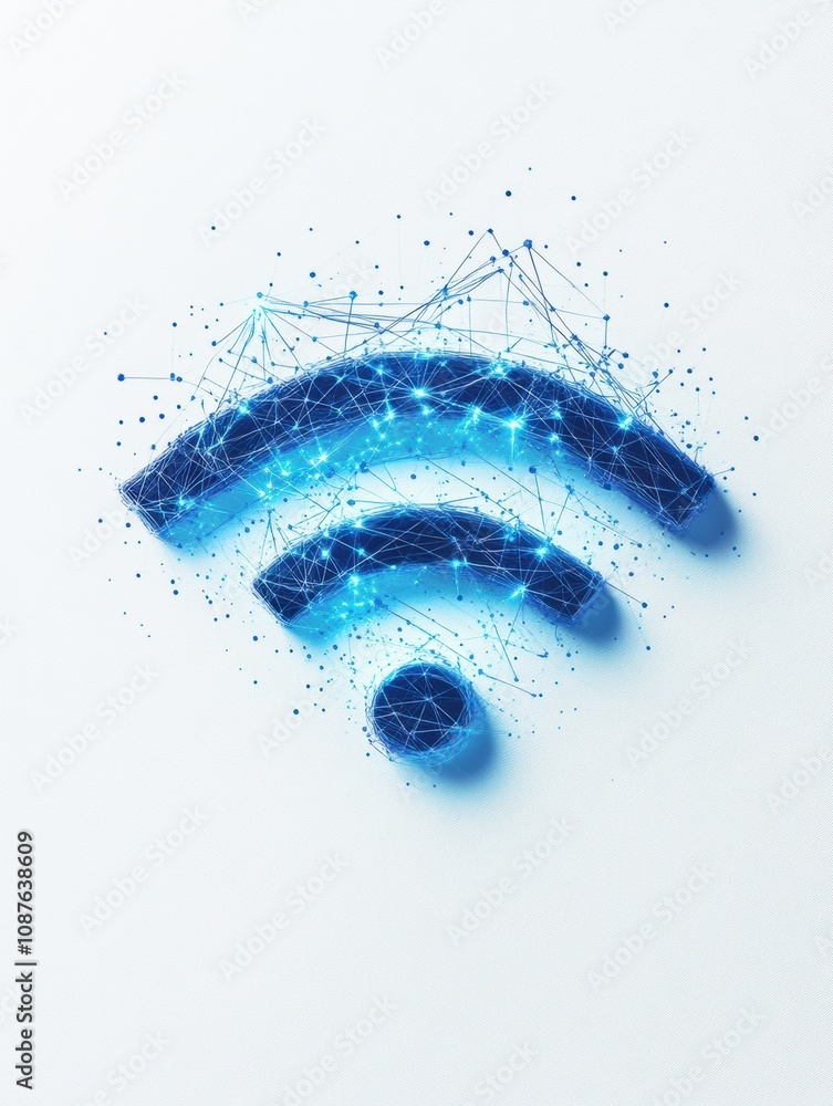 Poster a blue wi-fi symbol surrounded by digital connections and vibrant dots, illustrating wireless techno
