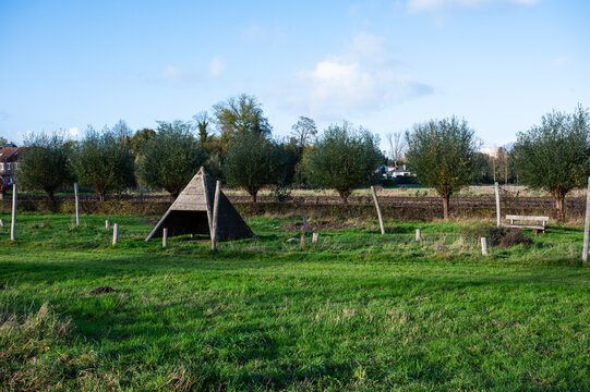 Green park and hut at Groene Beemd, Ruisbroek, Flemish Brabant, Belgium