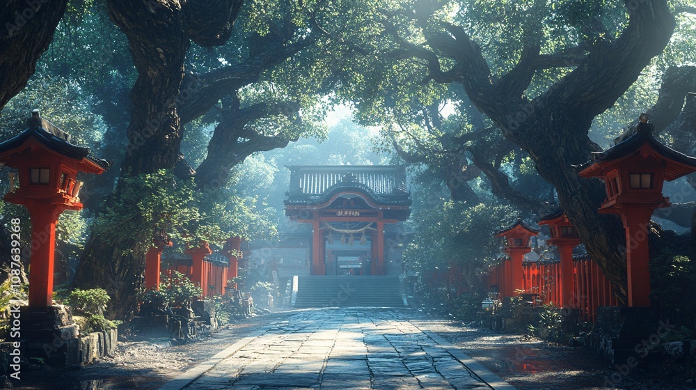 Poster a serene pathway through a mystical forest, featuring vibrant red structures and lush greenery, illu