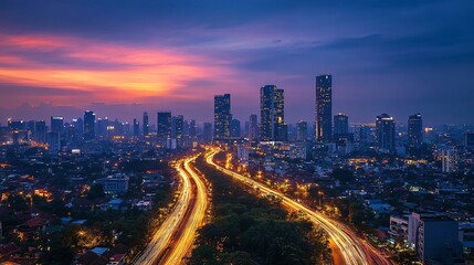 Fototapeta premium A stunning city skyline at dusk, featuring skyscrapers and a winding road illuminated by car lights, with a vibrant sunset backdrop.